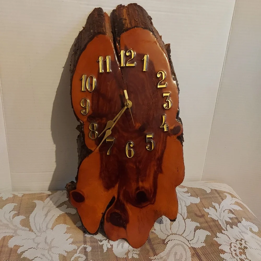 Vintage Live Edge Wood Slab Wall Clock Takane Quartz Rustic Cabin Decor 19x8 MCM